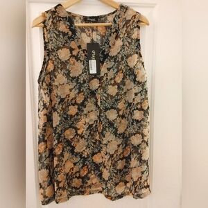 Papa Vancouver Black, Cream, Peach Sheer Floral Blouse ~ Size XXL